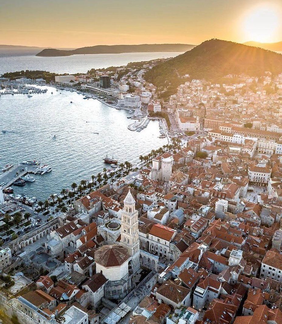 aerial view of the city of split during sunset