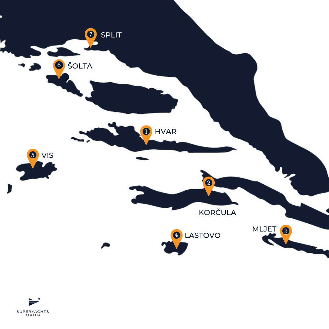 Yacht Charter in Hvar seven day cruising rute syc map