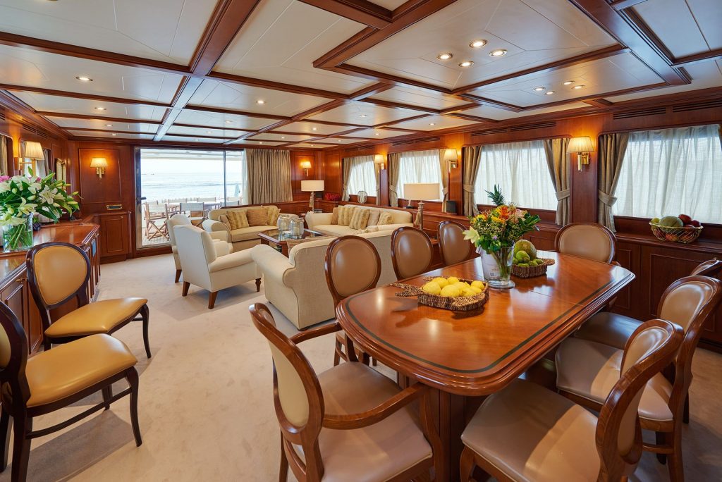 main deck saloon and dining area on the yacht imagine