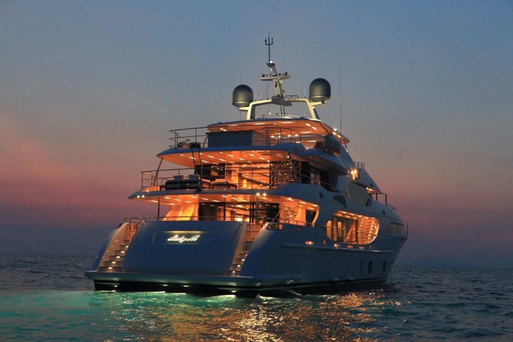 lady mrd yacht charter cruising at night