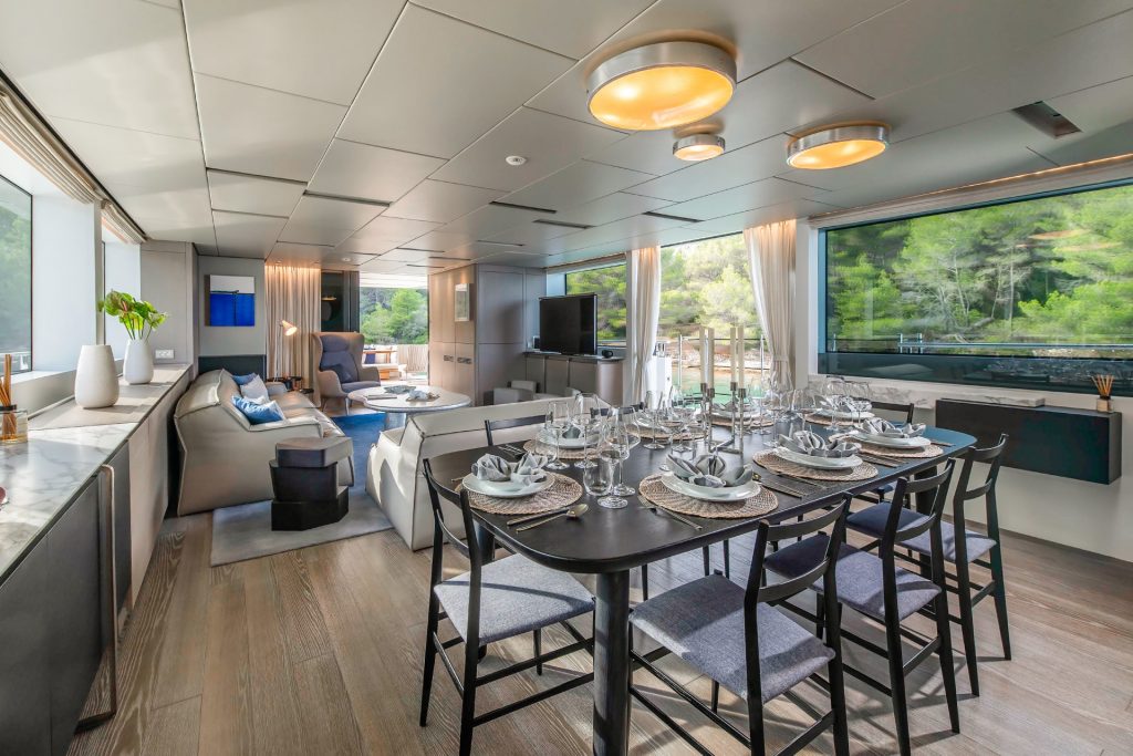 andiamo yacht charter dining area & salon