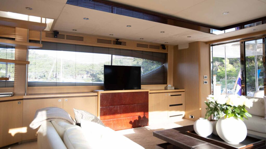 retractable tv in the yacht main salon