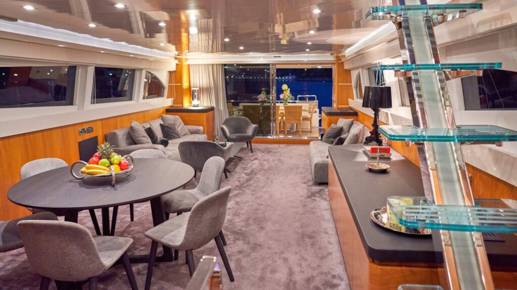 indoor salon on a yacht, dining table