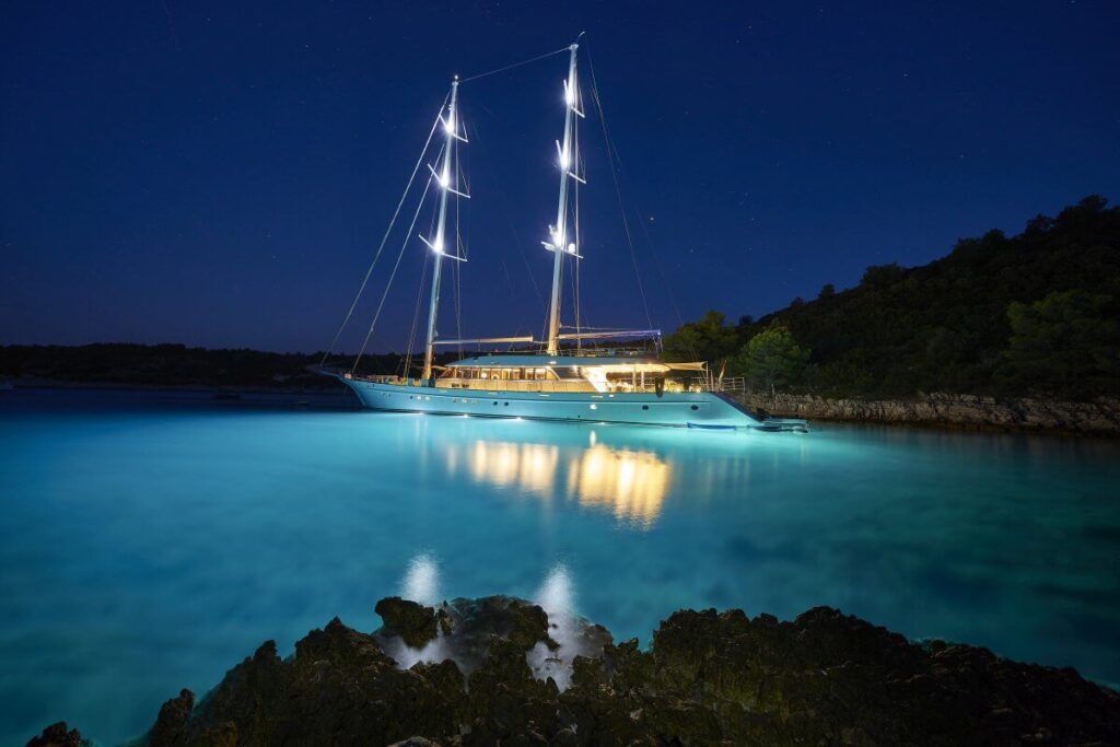 lady gita yacht charter at night