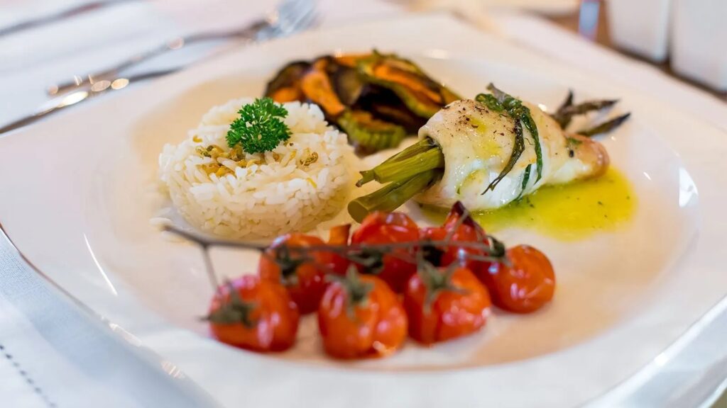 Rebecca V yacht charter meal on the table