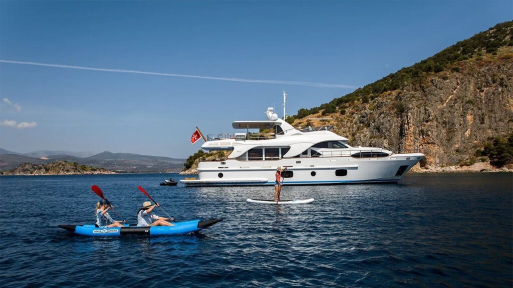 Rebecca V yacht charter paddleboarding yacht side view