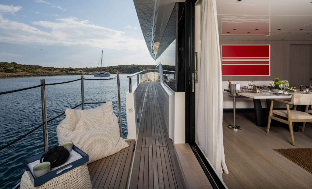 fold out balcony on the yacht main deck with a bean bag