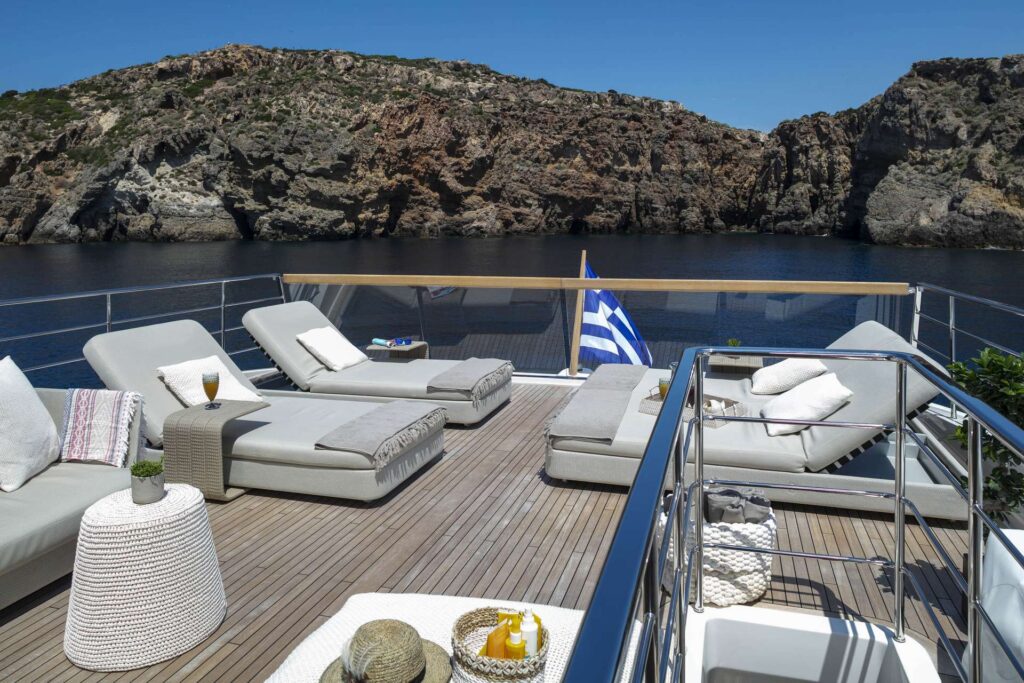 spacious sun loungers on the sundeck aft