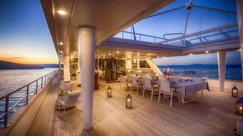 katina yacht charter aerial view al fresco dining