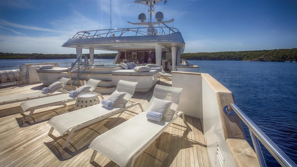 katina yacht charter aerial view sun loungers